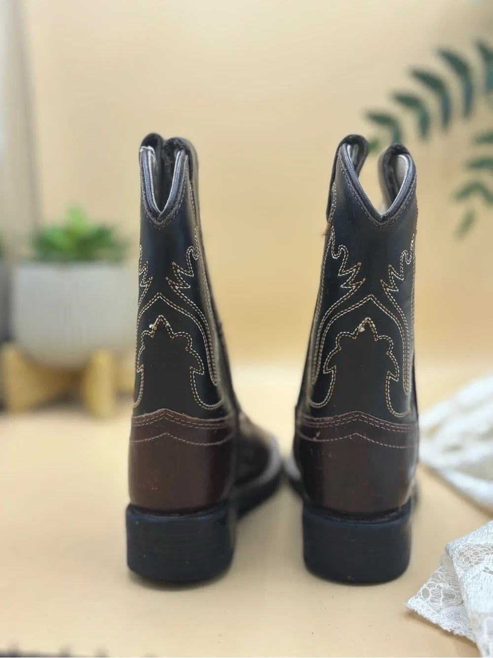 Old West Kids Cowboy Boots Size 4.5 Brown Black Leather Western Square Toe